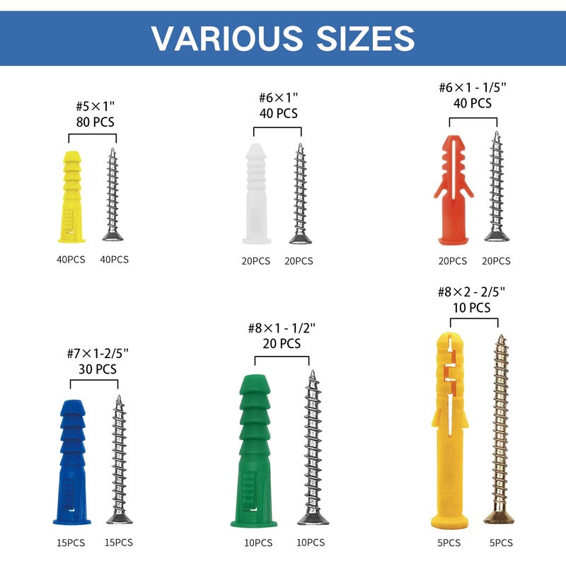 Tkiaea Drywall Anchors and Screws Kit 220Pcs, 110 Plastic Anchors, 110 Wall Screws, Includes 6 Different Size Wall Anchors and Screws for Drywall - Image 2